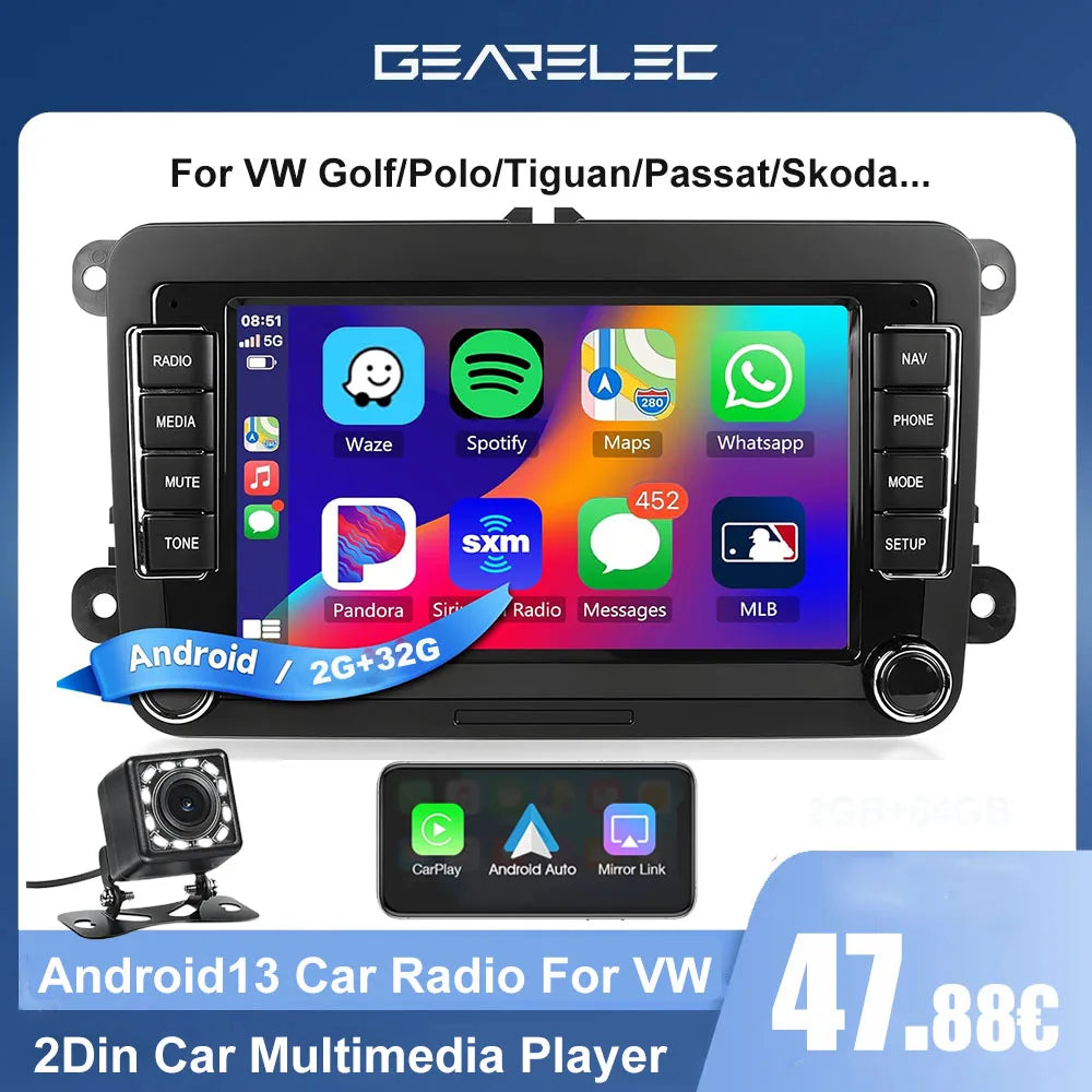 2DIN Android Car Radio for VW Passat Golf MK5 MK6 Jetta Polo Touran Wireless Carplay Android Auto 7'' Multimedia Player Camera