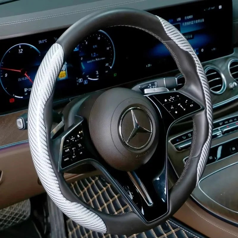 2/3PCS Laser Carbon Fiber Silicone Car Steering Wheel Cover 1K Micro Fiber Leather PVC Wheel Booster Cover Non-Slip Universal