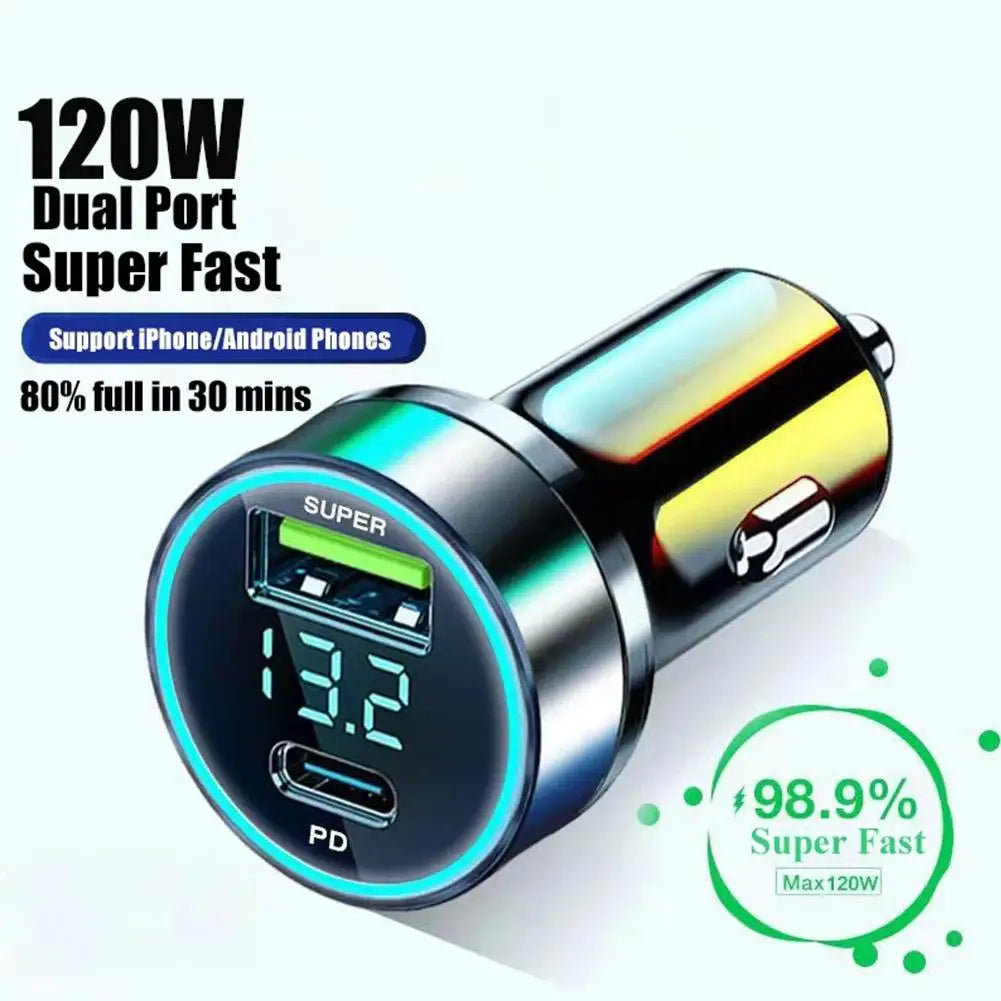 Car Charger Dual USB Ports 120W+PD20W Super Fast Charging With Digital Display Quick Charging Adapter For IPhone Samsung Xiaomi