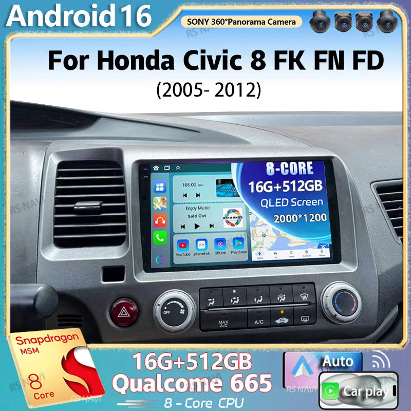 Android 16 For Honda Civic 8 FK FN FD 2005 - 2012 2K QLED Android Car Radio Multimedia Video Player GPS 4G CarPlay Stereo