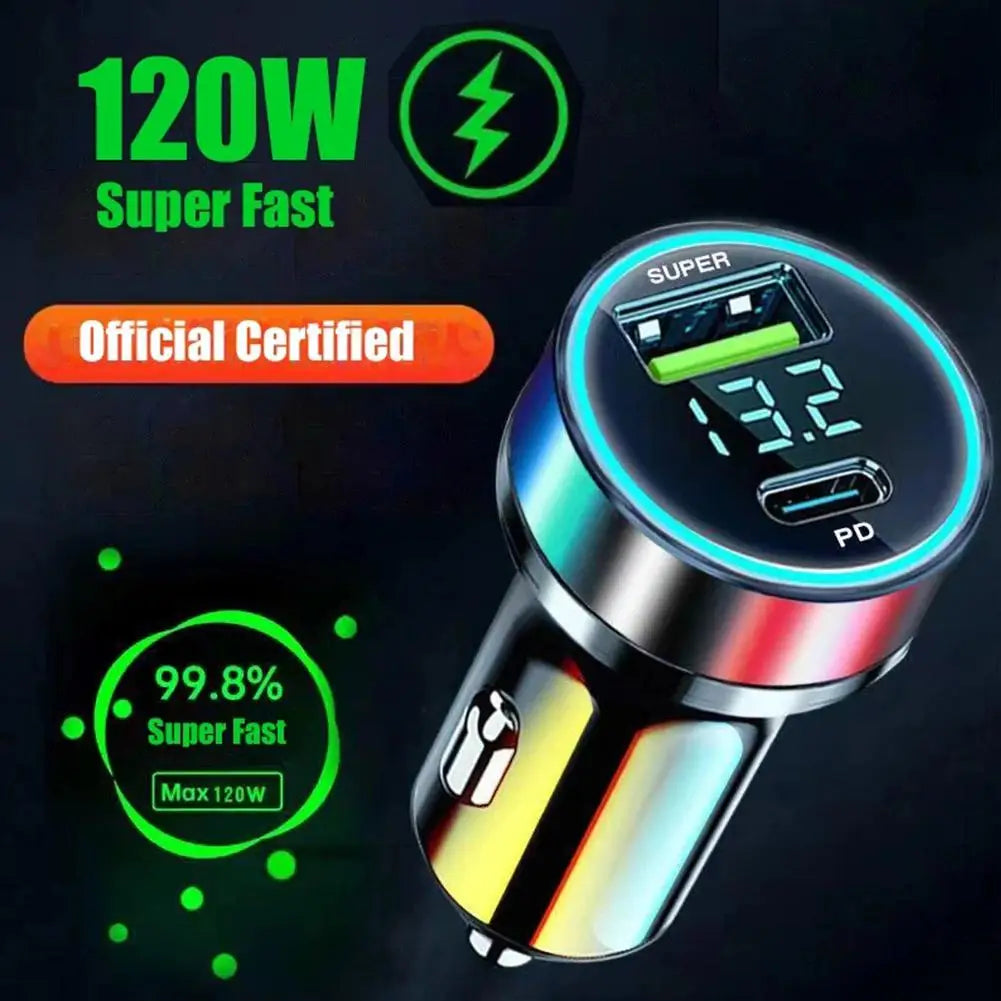Car Charger Dual USB Ports 120W+PD20W Super Fast Charging With Digital Display Quick Charging Adapter For IPhone Samsung Xiaomi