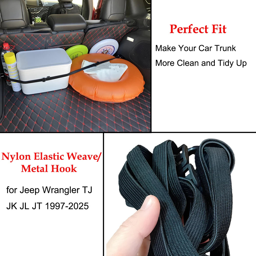 Car Trunk Organizer Elastic Strap for Jeep Wrangler TJ JK JL Gladiator JT 1997-2026 Heavy Duty Cargo Strap Rope Hook Accessories