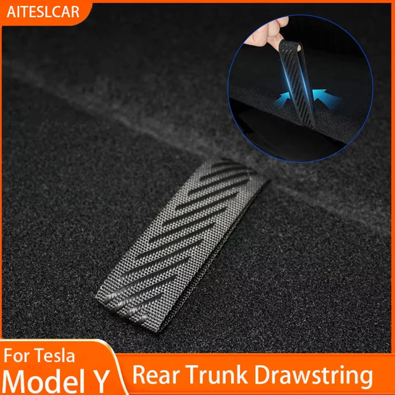 For Tesla Model Y Rear Trunk Rope DrawString Open Tail Box Cover Handle Pull Strap Car Organizer Accessories Mat Protection Pad