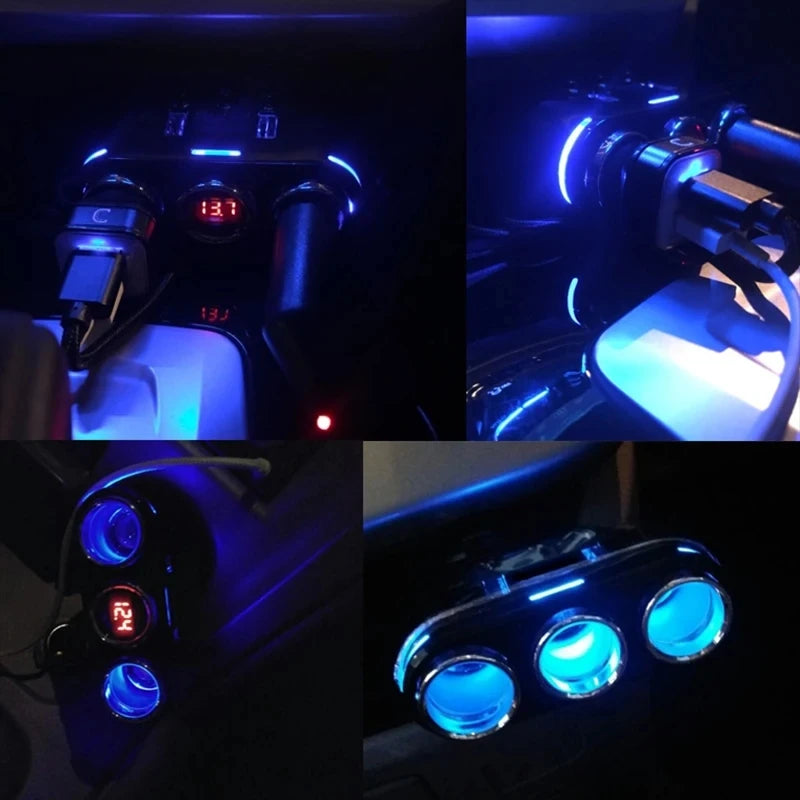 12V-24V Car Cigarette Lighter Socket Splitter Plug LED USB Charger Plug Adapter Port 3 Way Car Charger With Extension Cable