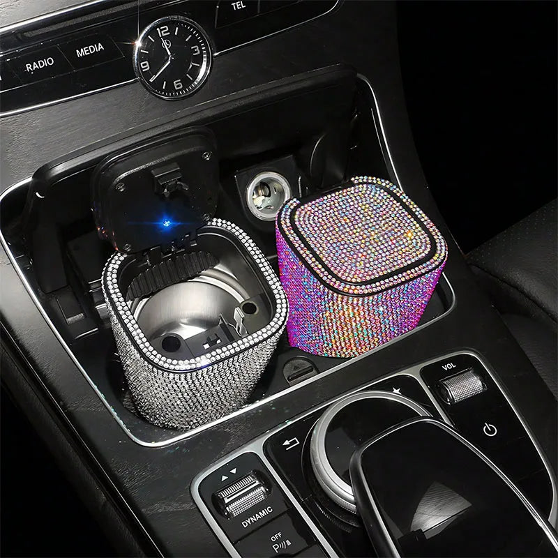LED Crystal Car Ashtray w/Cover - Night Light, Dustproof, Heat-Resistant ABS, Compact & Stylish for Most Cars, Easy Clean Smoker