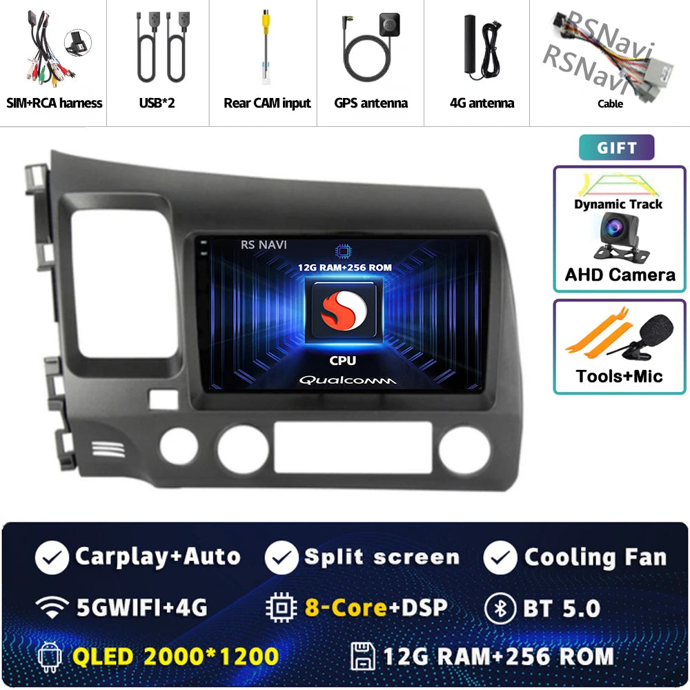 Android 16 For Honda Civic 8 FK FN FD 2005 - 2012 2K QLED Android Car Radio Multimedia Video Player GPS 4G CarPlay Stereo