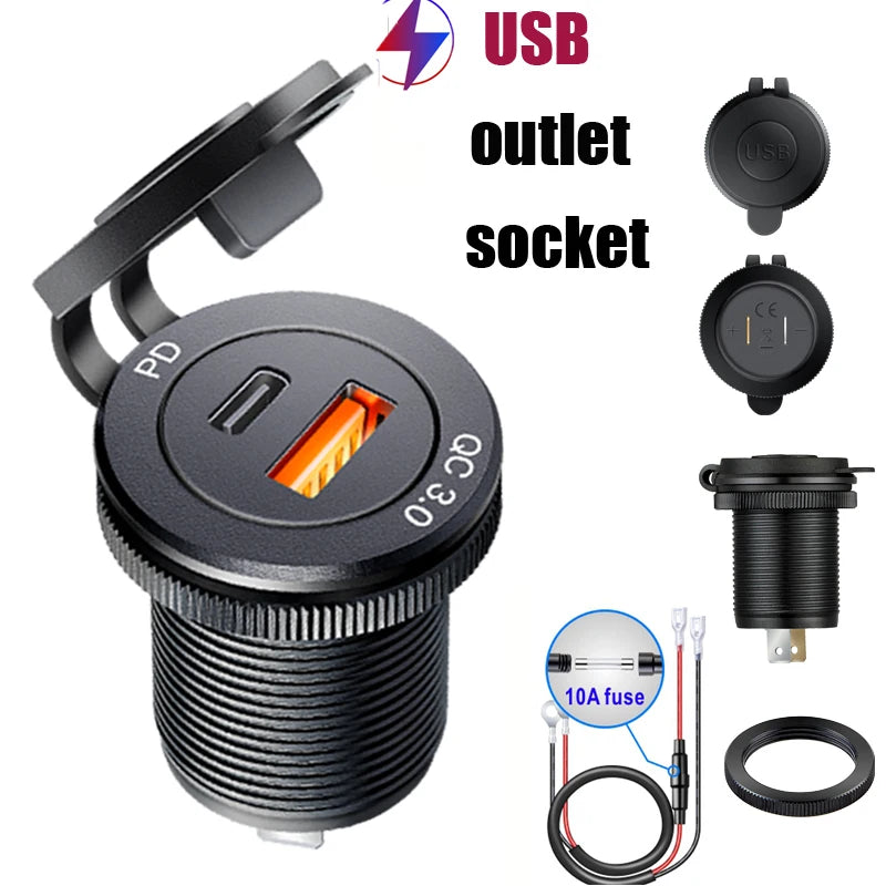 Usb socket in the car Quick Charge  PD 3.0  Car Charger 60W  Outlet Socket For 12V 24V Motorcycle Boat Marine Truck ATV