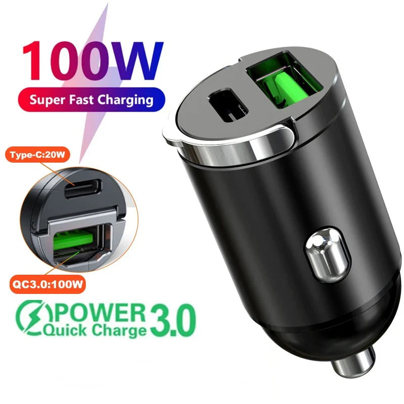 100W/200W Mini Car USB/QC3.0 PD Charger 12-24V Fast Charging Car USB Type C Charger Lighter for Xiaomi Samsung Huawei iPhone