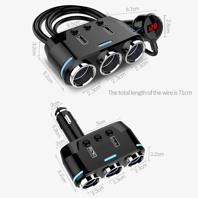 12V-24V Car Cigarette Lighter Socket Splitter Plug LED USB Charger Plug Adapter Port 3 Way Car Charger With Extension Cable
