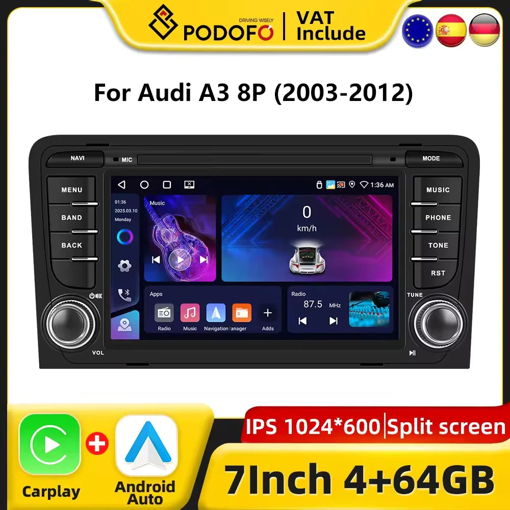 Podofo CarPlay Android Radio For Audi A3 8P 2003-2012 Car Intelligent System 2din GPS Stereo Multimedia Player RDS FM Car Radio