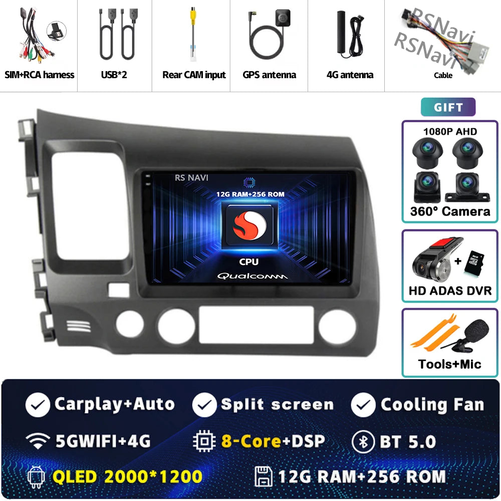 Android 16 For Honda Civic 8 FK FN FD 2005 - 2012 2K QLED Android Car Radio Multimedia Video Player GPS 4G CarPlay Stereo