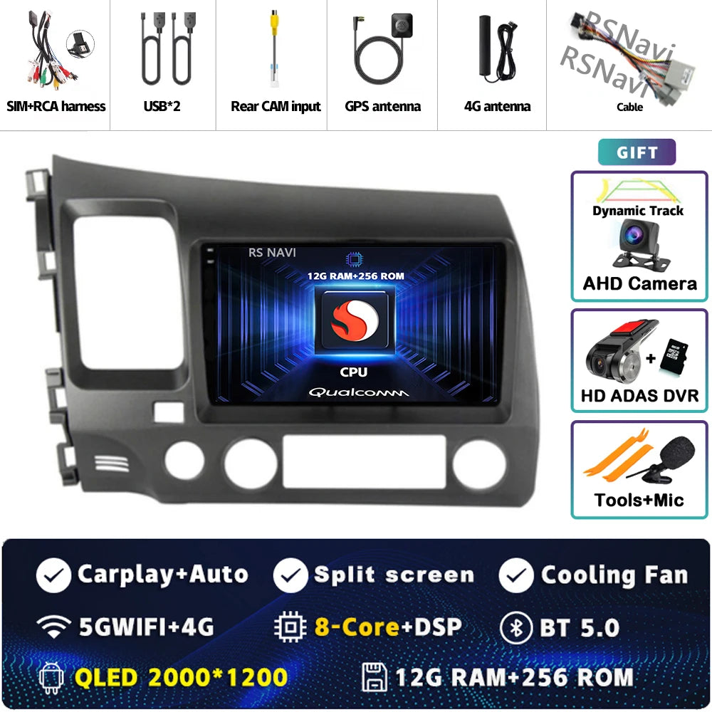 Android 16 For Honda Civic 8 FK FN FD 2005 - 2012 2K QLED Android Car Radio Multimedia Video Player GPS 4G CarPlay Stereo