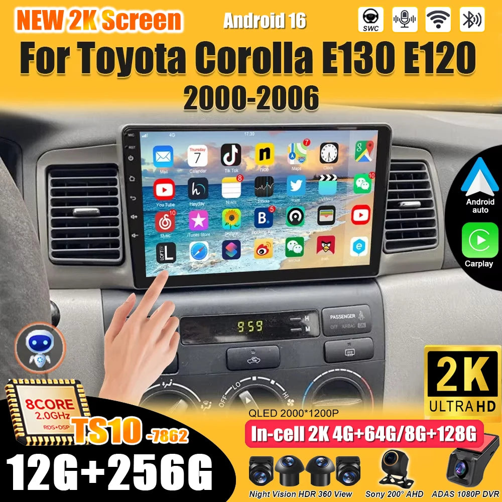 For Toyota Corolla E130 E120 2000-2006 Android 16 Multimedia Video Player  Carplay Touch Screen RDS 8 Core 5G Bluetooth 2din DSP