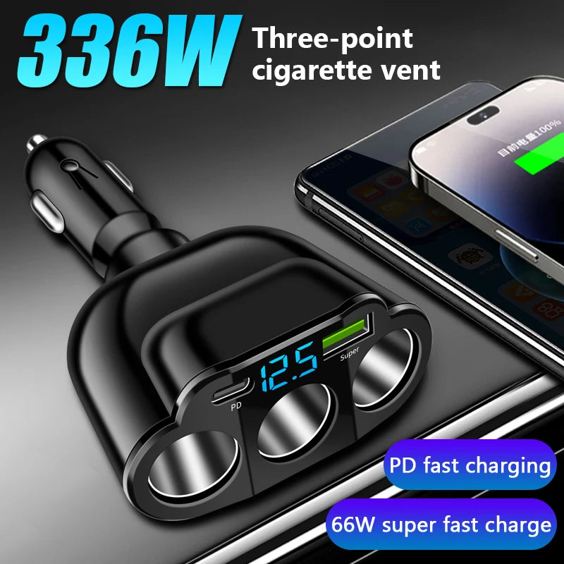 SEAMETAL Car Charger 5-Port 336W Cigarette Lighter Adapter PD USB 66W Super Quick Charging Phone Charger Socket 12-24V Universal