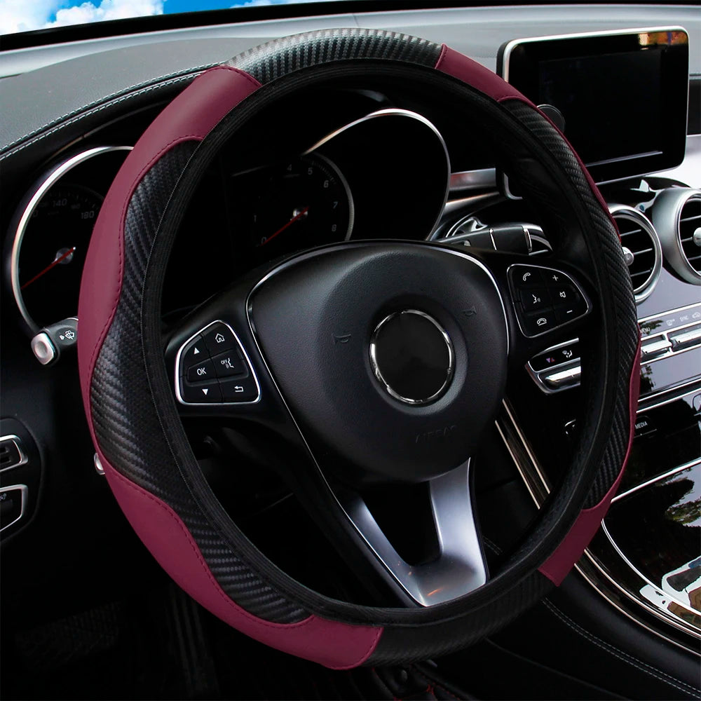 PU carbon fiber leather no inner ring car steering wheel cover is suitable for 14.5 - 15 inch car decoration items.