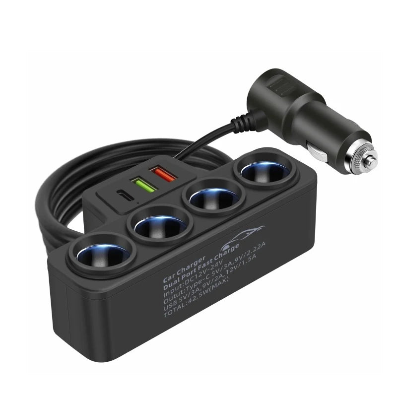 120W Car Charger Cigarette Lighter Splitter QC3.0 PD USB C 66W Fast Charging Port Quad Socket with Cable 12V 24V Vehicle Adapter