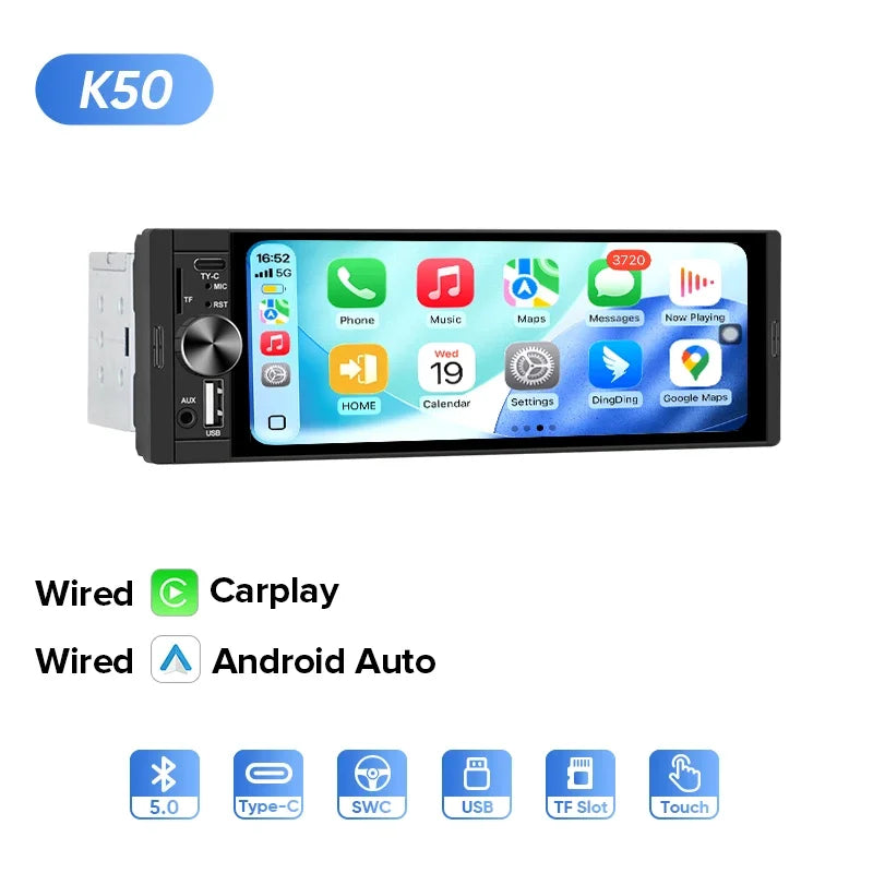 Ainavi K40 K50 Universal 1 Din 6.36 inch Car Radio MP5 IPS Touch Screen Wireless HD 1280*480 Carplay Android Auto Car Multimedia Rear Camera MIC USB BT 5.0 Type C Bluetooth phone Bluetooth music
