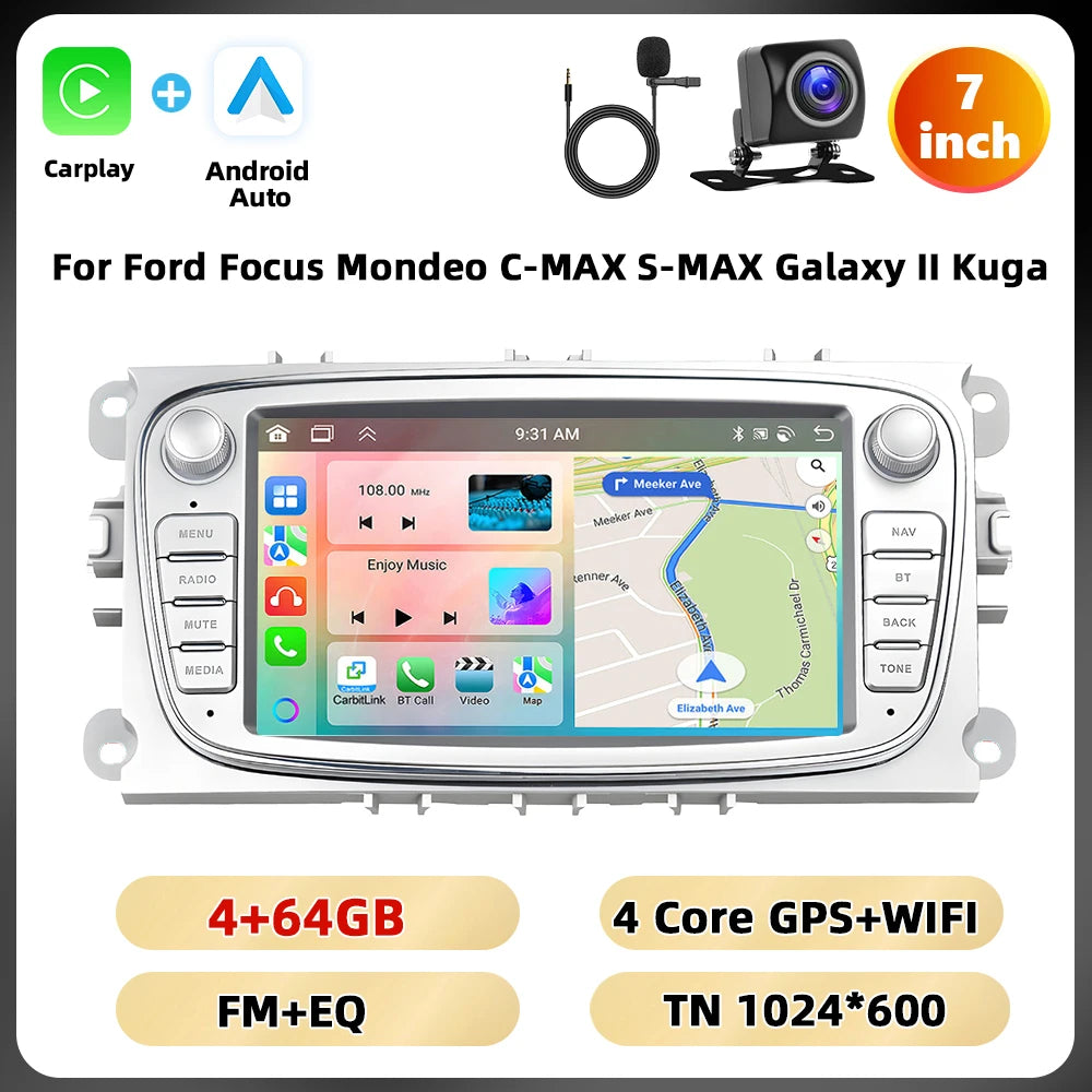 Podofo 7 ''Android Multimedia Player for Ford Focus Mondeo C-MAX S-MAX Galaxy II Kuga GPS Navigation 2 + 64G Carplay Android Auto