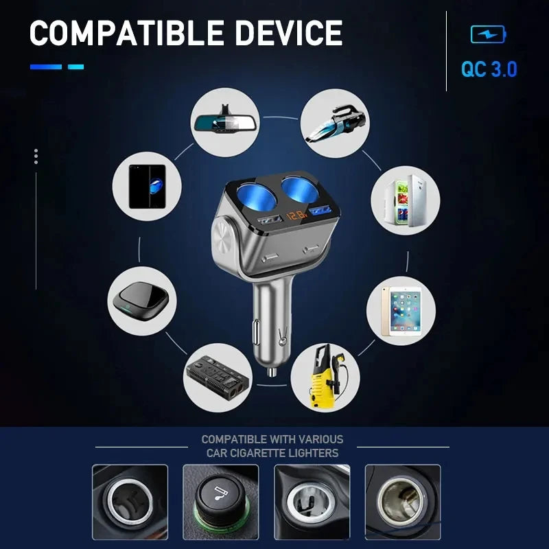 Car Cigar Jack Socket Adapter Auto Cigarette Lighter QC3.0 Fast Charger Dual USB Multi-function Socket Splitter for Car