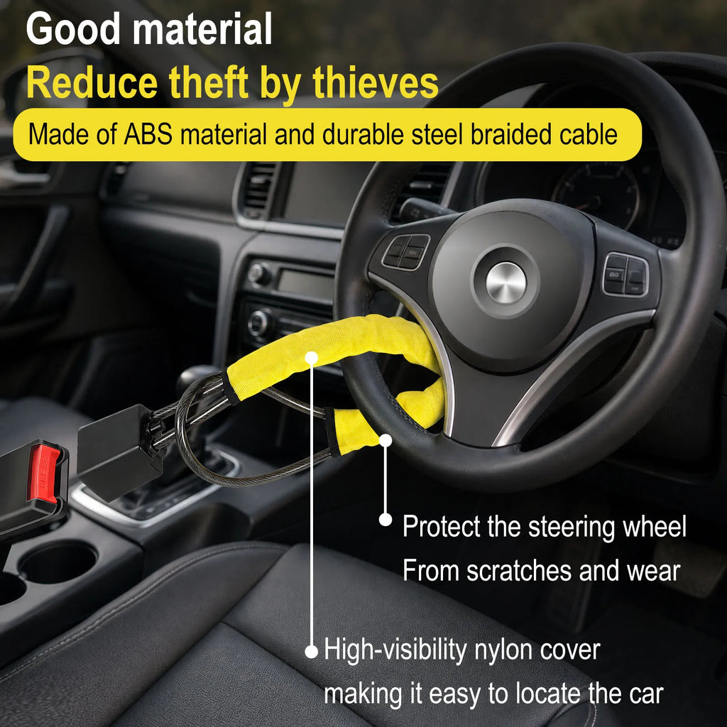 Anti Theft Car Steering Wheel Lock Braided Steel Cable Seatbelt Locks Heavy Duty Anti Pick Cylinder Security with 2 Keys