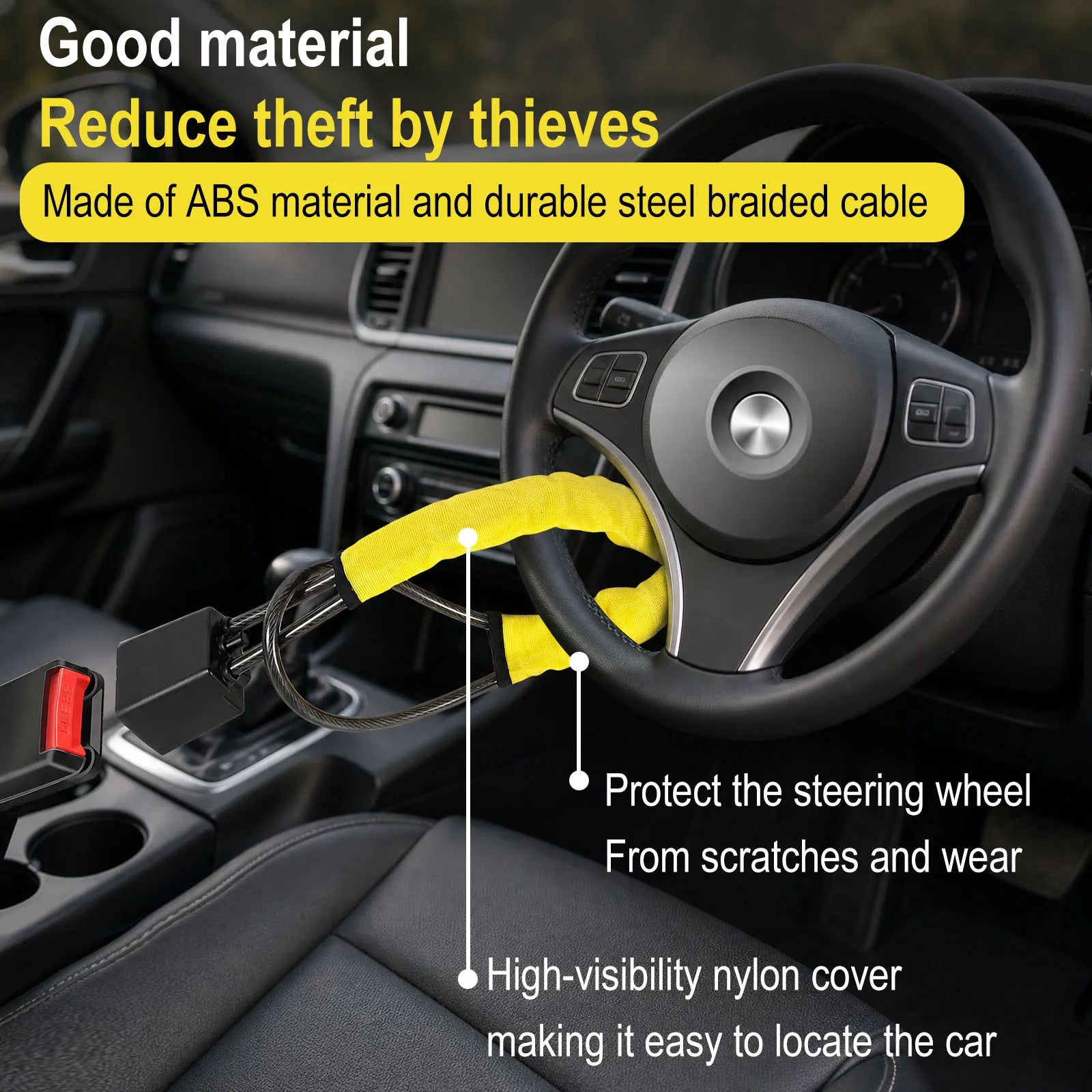 Anti Theft Car Steering Wheel Lock Braided Steel Cable Seatbelt Locks Heavy Duty Anti Pick Cylinder Security with 2 Keys