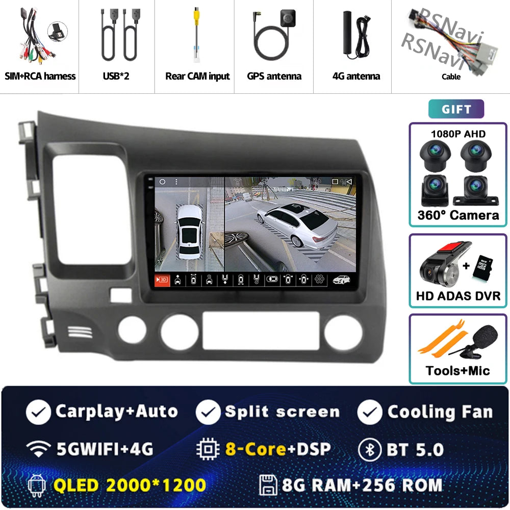 Android 16 For Honda Civic 8 FK FN FD 2005 - 2012 2K QLED Android Car Radio Multimedia Video Player GPS 4G CarPlay Stereo
