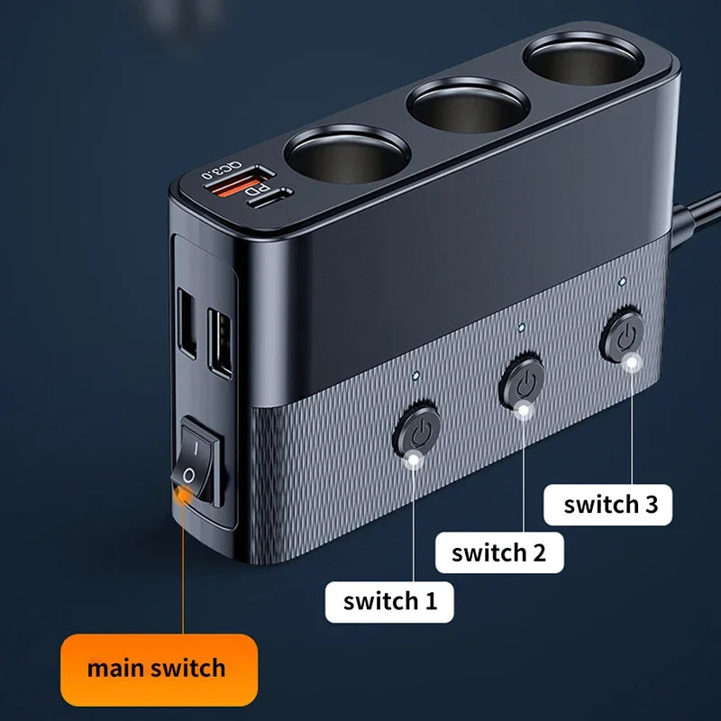 128W 7-in-1 Car Charger Splitter with Switch, PD30W & QC3.0 Fast Charging, Multi-Port Cigarette Lighter Adapter