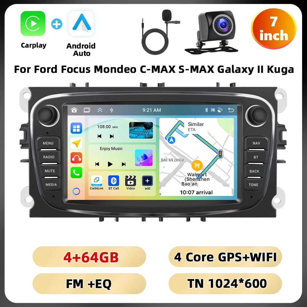 Podofo 7 ''Android Multimedia Player for Ford Focus Mondeo C-MAX S-MAX Galaxy II Kuga GPS Navigation 2 + 64G Carplay Android Auto