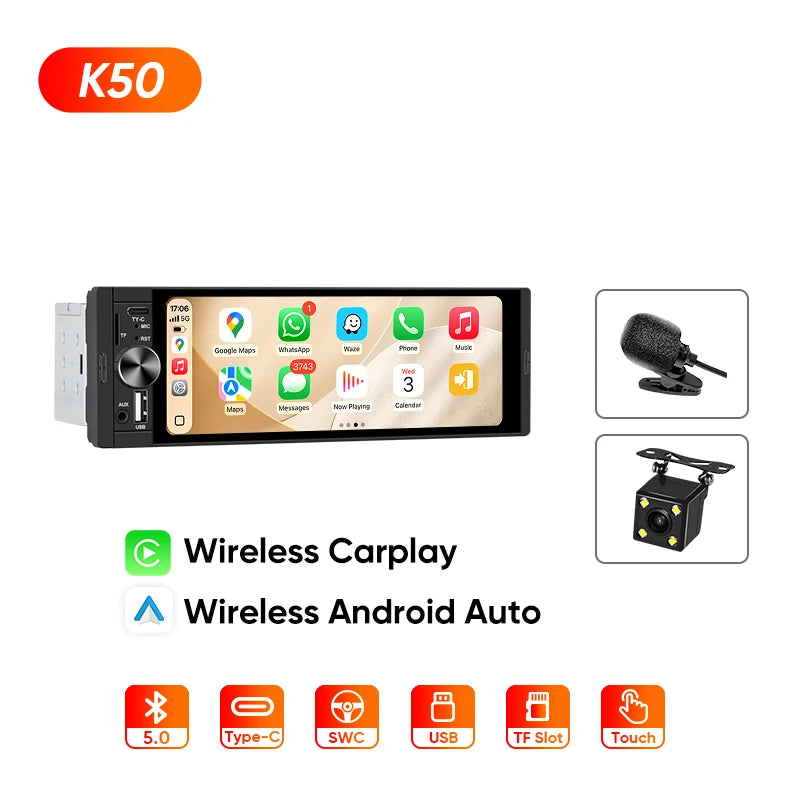 Ainavi K40 K50 Universal 1 Din 6.36 inch Car Radio MP5 IPS Touch Screen Wireless HD 1280*480 Carplay Android Auto Car Multimedia Rear Camera MIC USB BT 5.0 Type C Bluetooth phone Bluetooth music