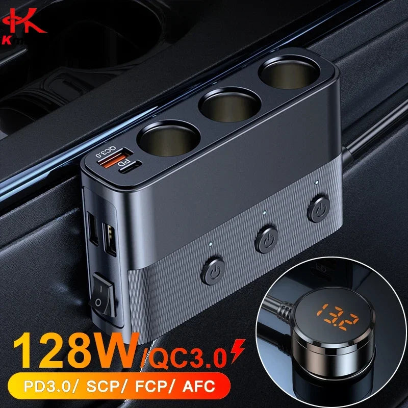 128W 7-in-1 Car Charger Splitter with Switch, PD30W & QC3.0 Fast Charging, Multi-Port Cigarette Lighter Adapter