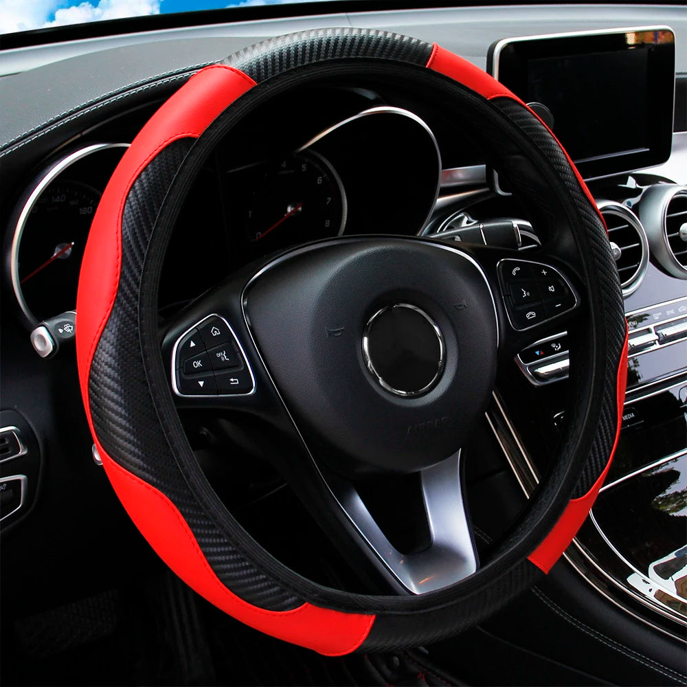 PU carbon fiber leather no inner ring car steering wheel cover is suitable for 14.5 - 15 inch car decoration items.