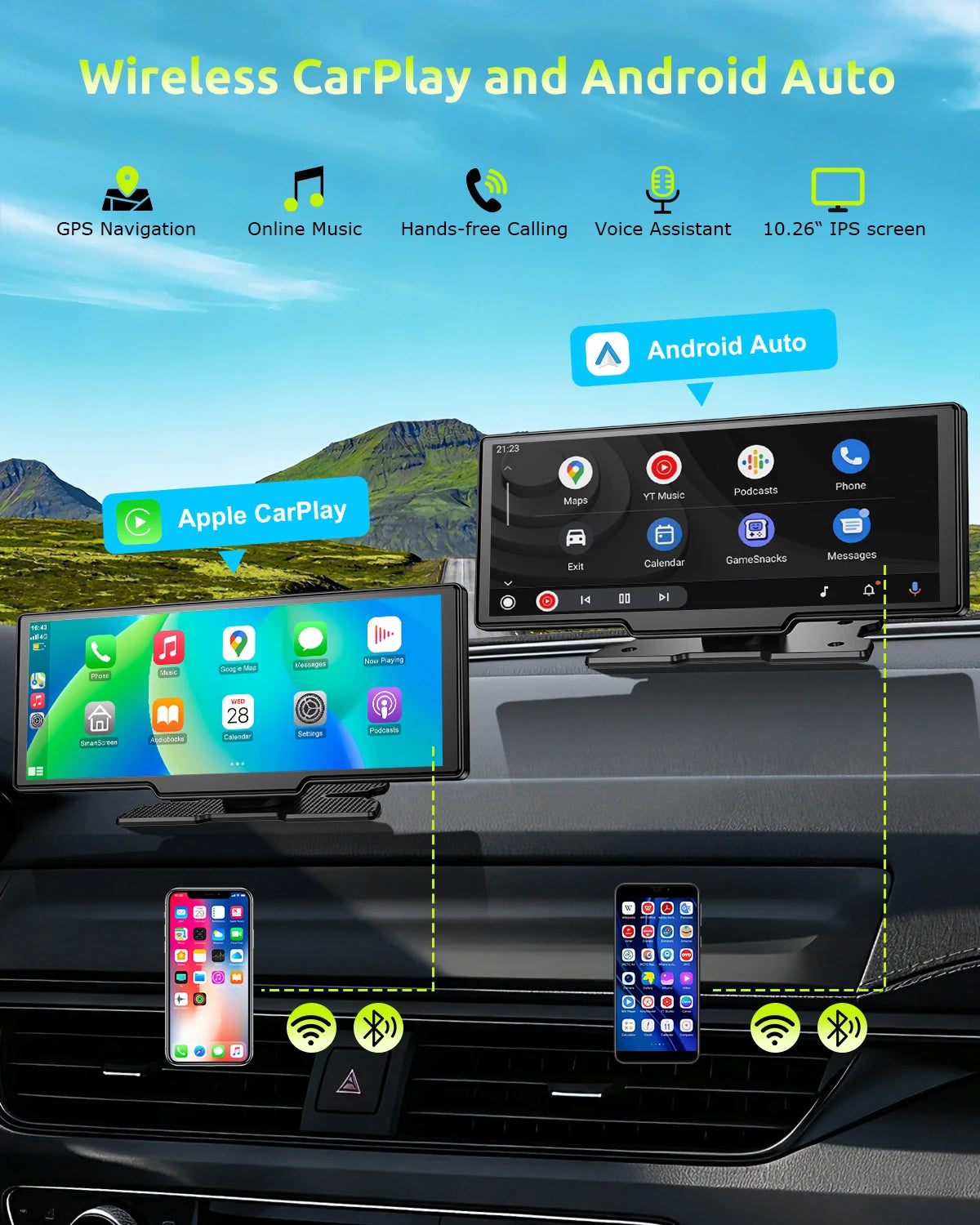 ESSGOO 10.26" Wireless Carplay Screen Dash Cam 4K Car DVR Android Auto Dual Lens Video Recorder Wifi FM AUX Bluetooth Type C TF