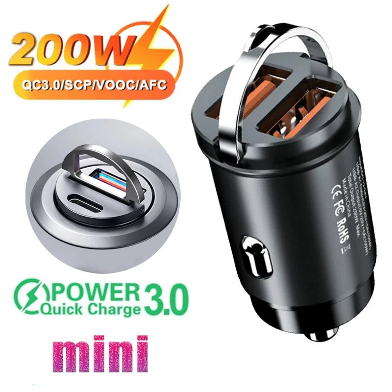 100W/200W Mini Car USB/QC3.0 PD Charger 12-24V Fast Charging Car USB Type C Charger Lighter for Xiaomi Samsung Huawei iPhone