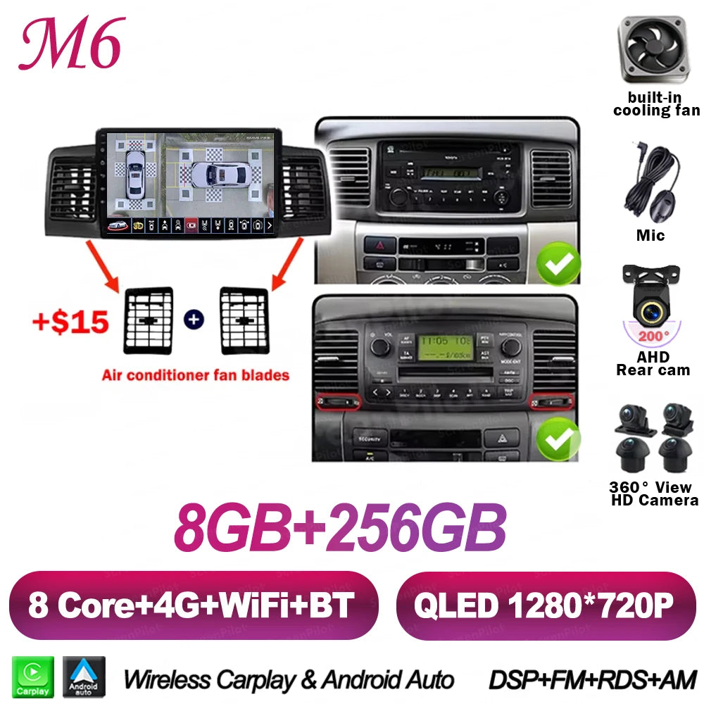 For Toyota Corolla E130 E120 2000-2006 Android 16 Multimedia Video Player  Carplay Touch Screen RDS 8 Core 5G Bluetooth 2din DSP