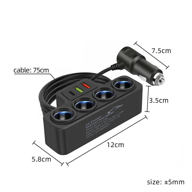 120W Car Charger Cigarette Lighter Splitter QC3.0 PD USB C 66W Fast Charging Port Quad Socket with Cable 12V 24V Vehicle Adapter