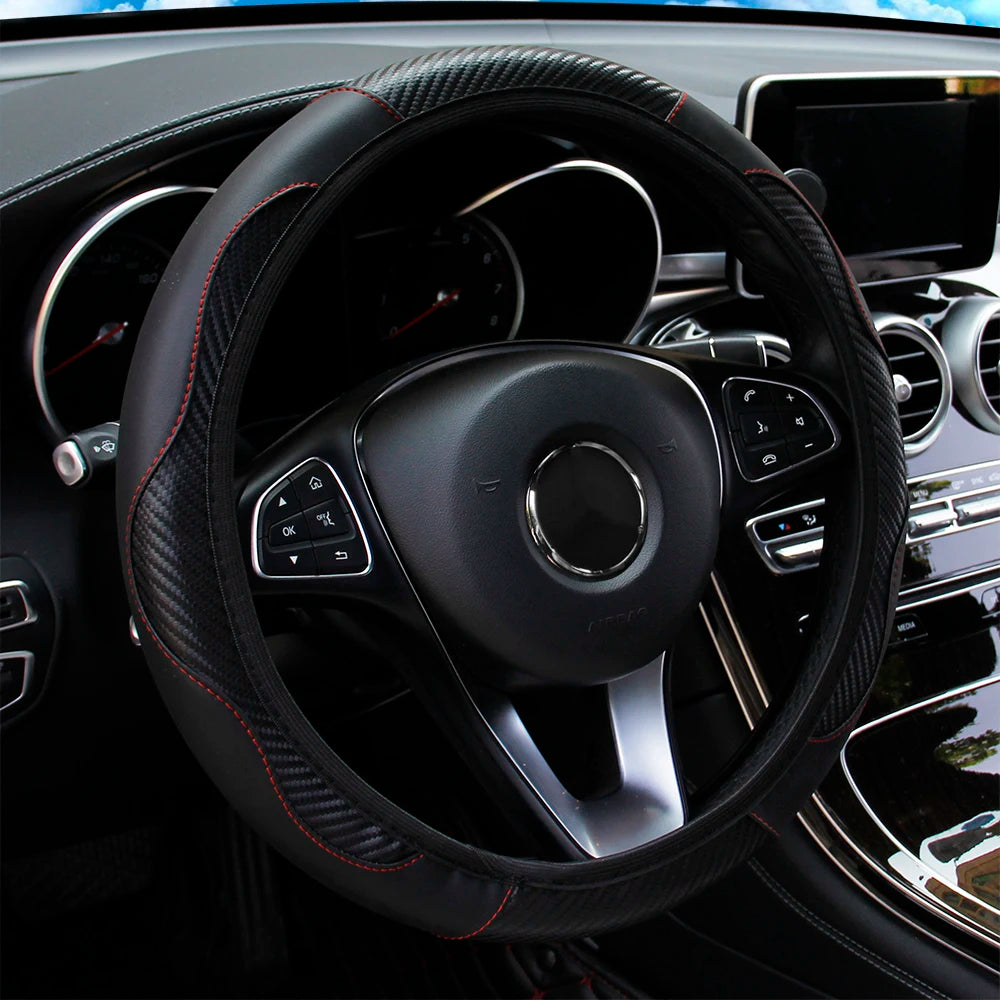 PU carbon fiber leather no inner ring car steering wheel cover is suitable for 14.5 - 15 inch car decoration items.