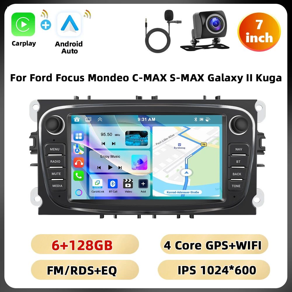 Podofo 7 ''Android Multimedia Player for Ford Focus Mondeo C-MAX S-MAX Galaxy II Kuga GPS Navigation 2 + 64G Carplay Android Auto