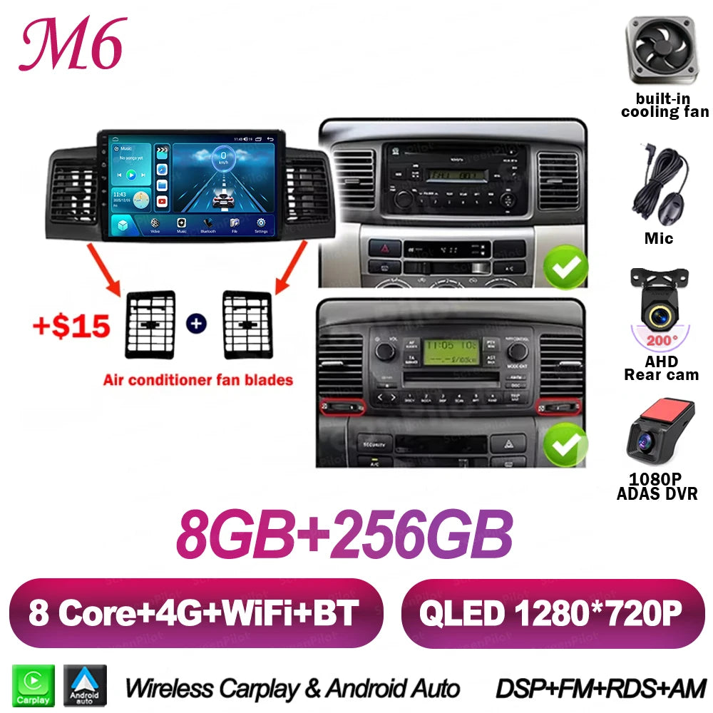 For Toyota Corolla E130 E120 2000-2006 Android 16 Multimedia Video Player  Carplay Touch Screen RDS 8 Core 5G Bluetooth 2din DSP