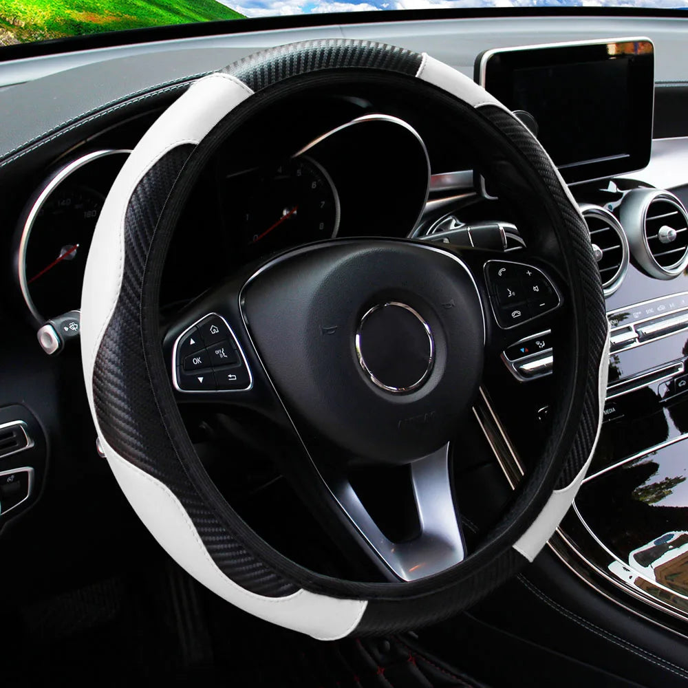 PU carbon fiber leather no inner ring car steering wheel cover is suitable for 14.5 - 15 inch car decoration items.