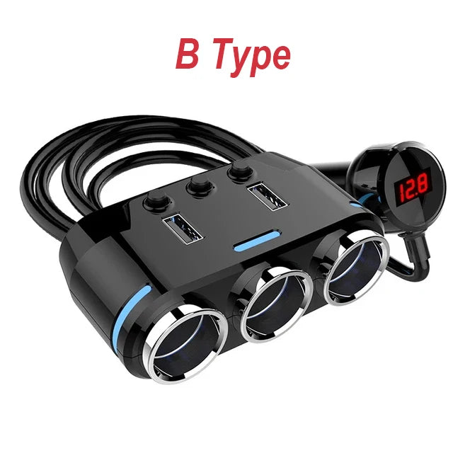12V-24V Car Cigarette Lighter Socket Splitter Plug LED USB Charger Plug Adapter Port 3 Way Car Charger With Extension Cable