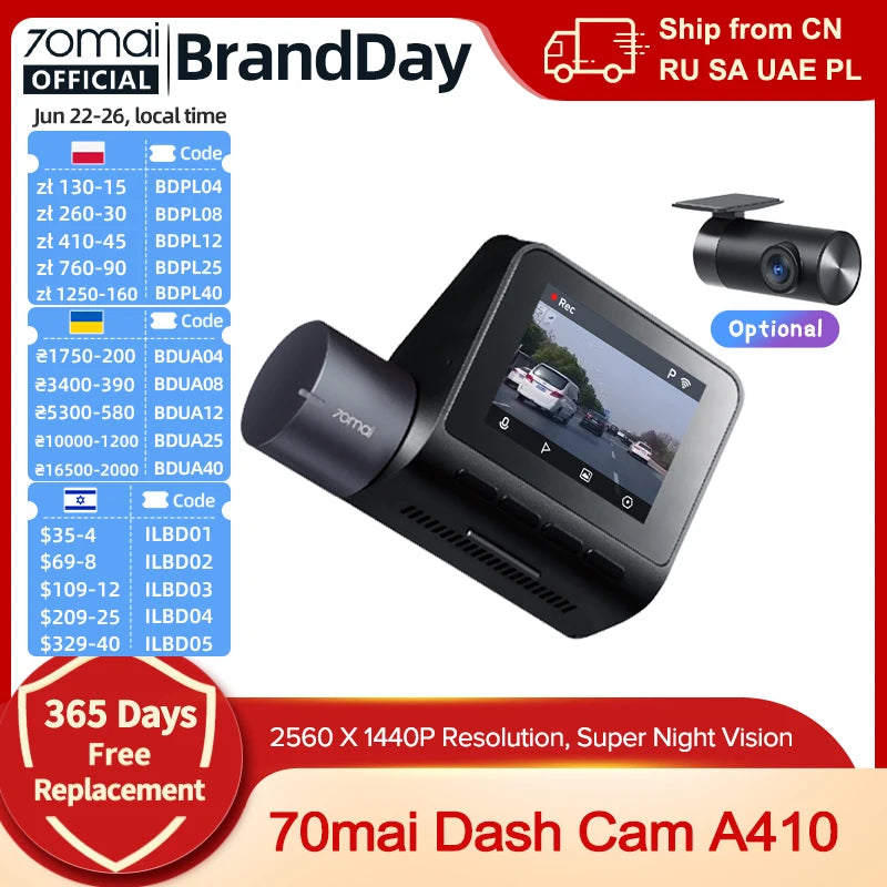 New 70mai Dash Cam A410 1440P 2.5K Image F1.55 Dual-Channel Supported GPS Night Vision 24H Parking Upgraded Ver. of 70mai A400