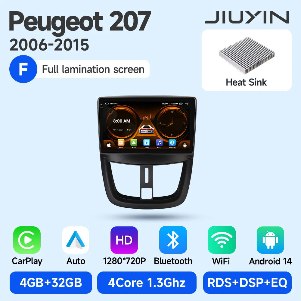 JIUYIN Wireless CarPlay Autoradio for PEUGEOT 207 207CC 2006-2015 Car Radio Multimedia Player Android 13 Auto Stereo GPS