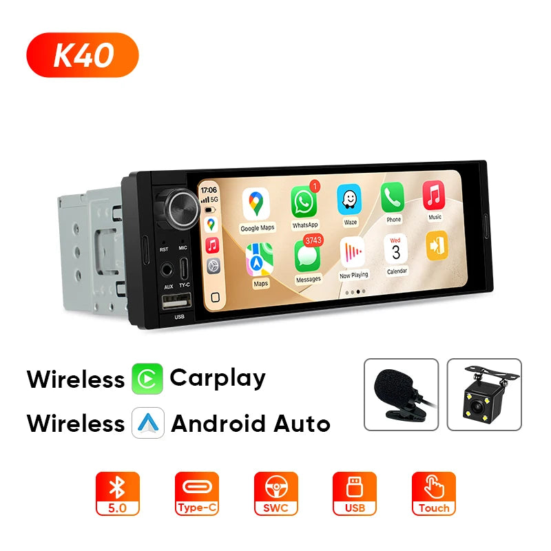 Ainavi K40 K50 Universal 1 Din 6.36 inch Car Radio MP5 IPS Touch Screen Wireless HD 1280*480 Carplay Android Auto Car Multimedia Rear Camera MIC USB BT 5.0 Type C Bluetooth phone Bluetooth music