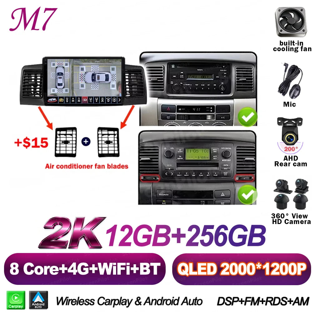 For Toyota Corolla E130 E120 2000-2006 Android 16 Multimedia Video Player  Carplay Touch Screen RDS 8 Core 5G Bluetooth 2din DSP