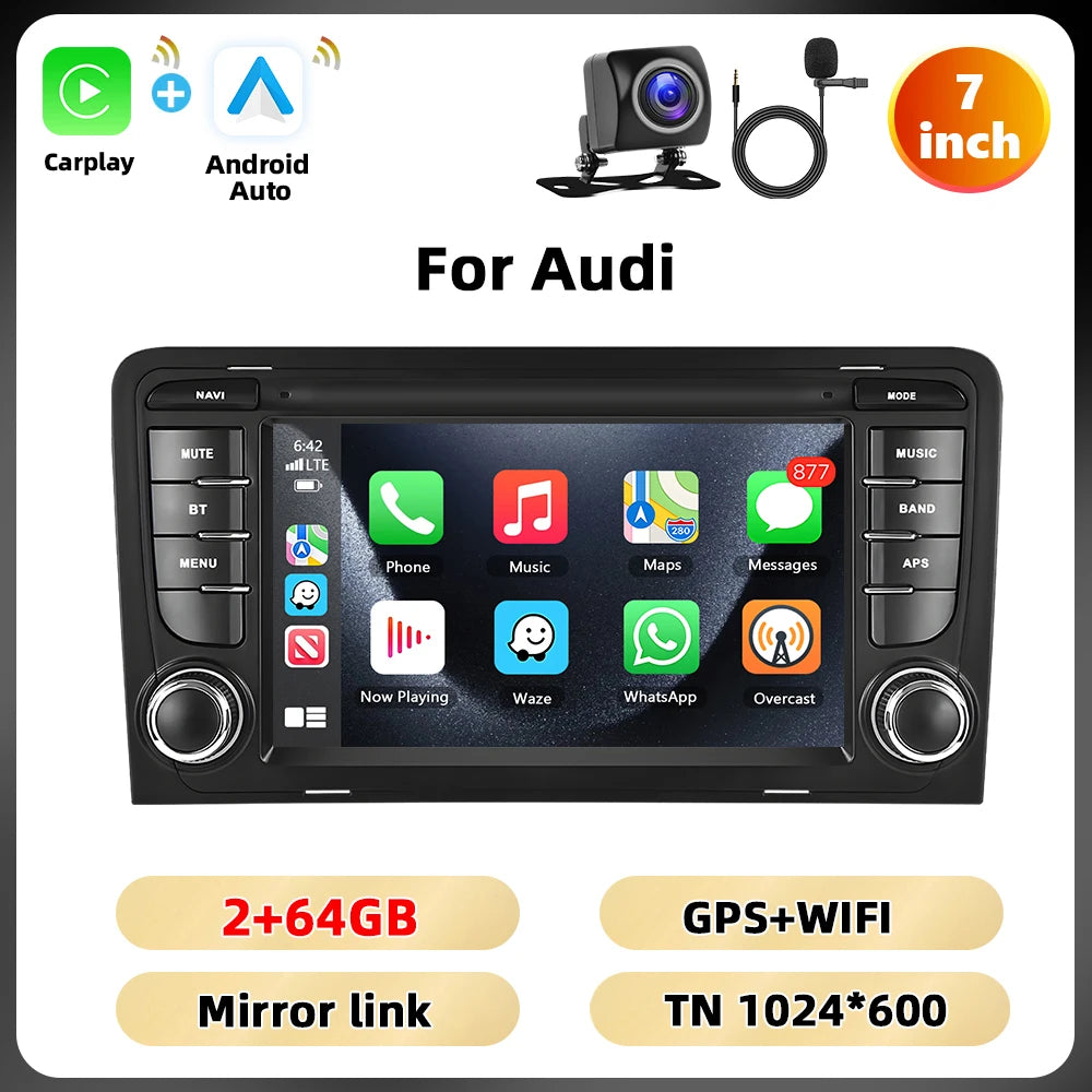 Podofo 2+64G 7'' Car Radio For Audi A3 8P 2003-2012 Multimedia Player GPS Navigation WIFI Carplay Android Auto EQ RDS Car Stereo