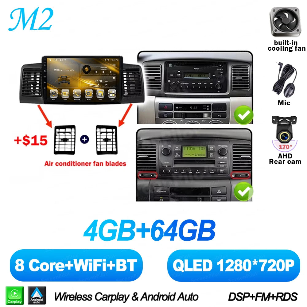 For Toyota Corolla E130 E120 2000-2006 Android 16 Multimedia Video Player  Carplay Touch Screen RDS 8 Core 5G Bluetooth 2din DSP