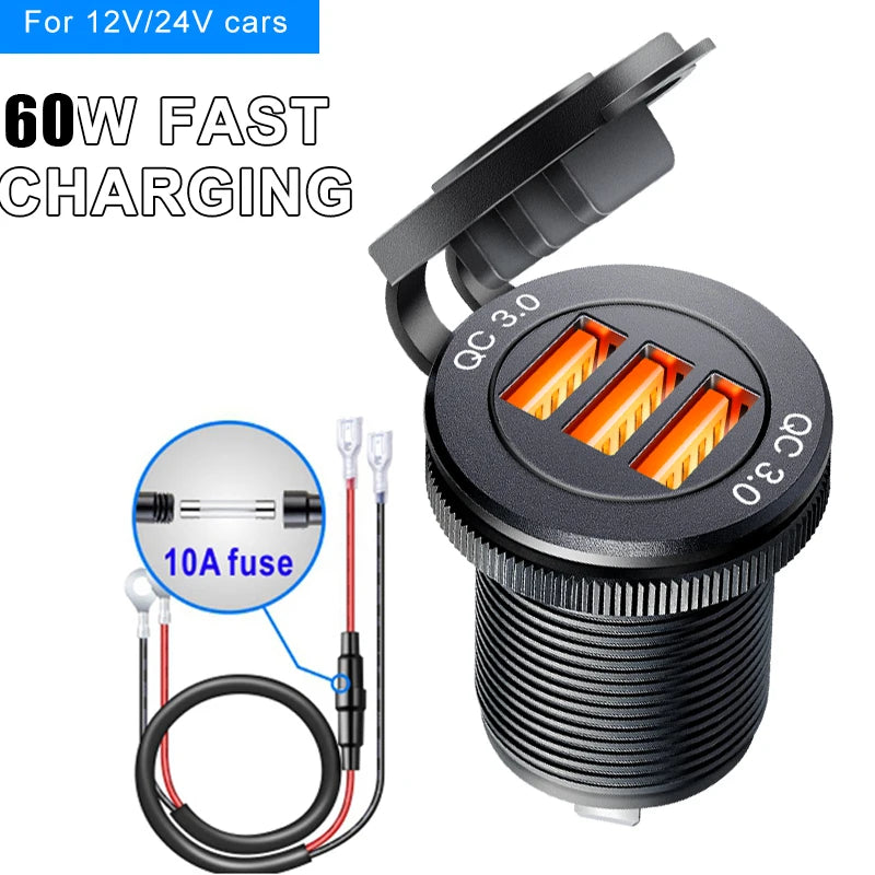 Usb socket in the car Quick Charge  PD 3.0  Car Charger 60W  Outlet Socket For 12V 24V Motorcycle Boat Marine Truck ATV