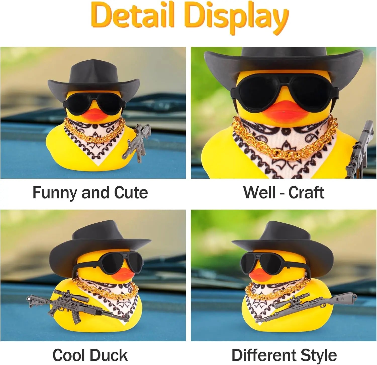 Car Rubber Duck Ornament Cool Car Accessories Duck Car Dashboard Decoration Cowboy Hat Duck with Weapon Necklace, AK47 M416