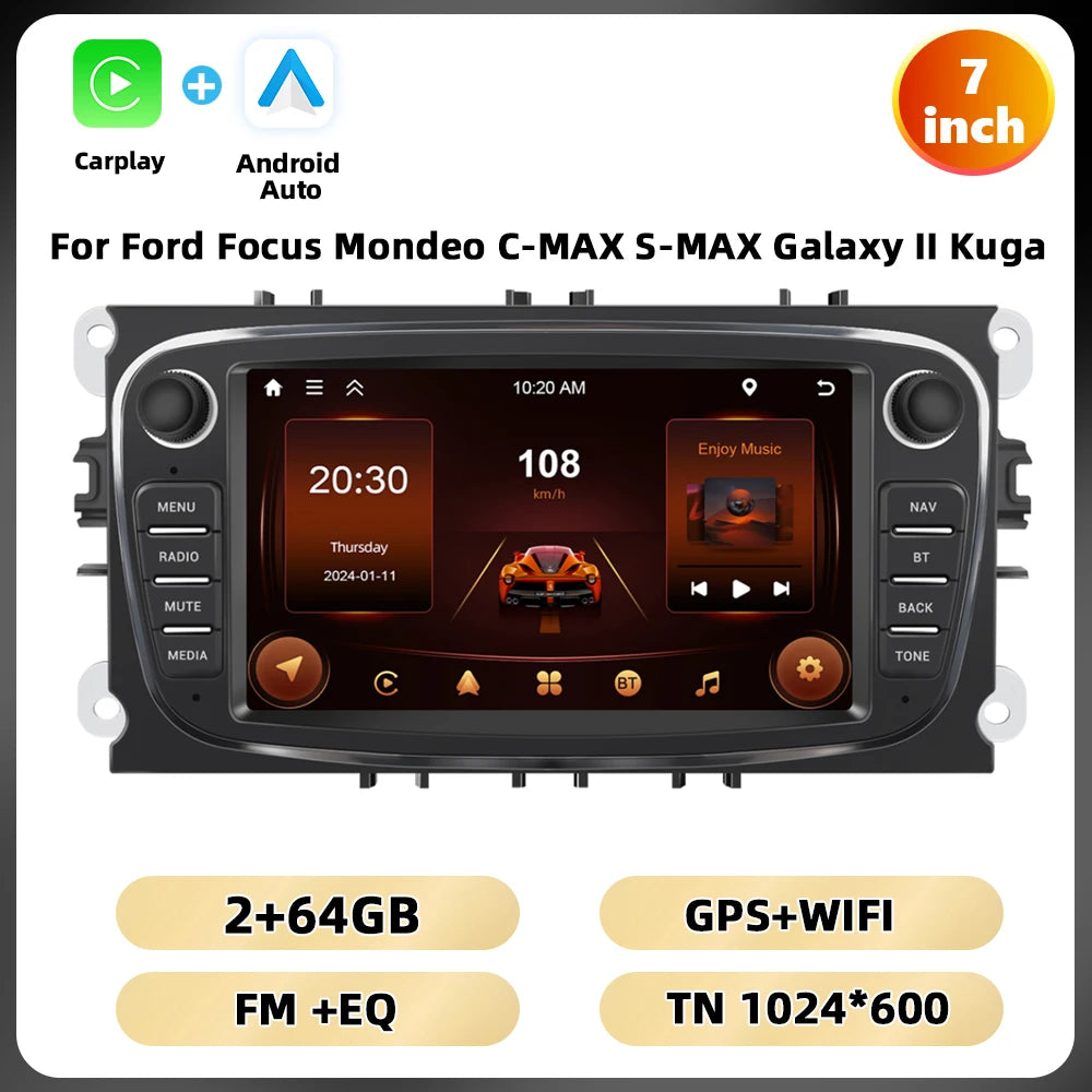 Podofo 7 ''Android Multimedia Player for Ford Focus Mondeo C-MAX S-MAX Galaxy II Kuga GPS Navigation 2 + 64G Carplay Android Auto