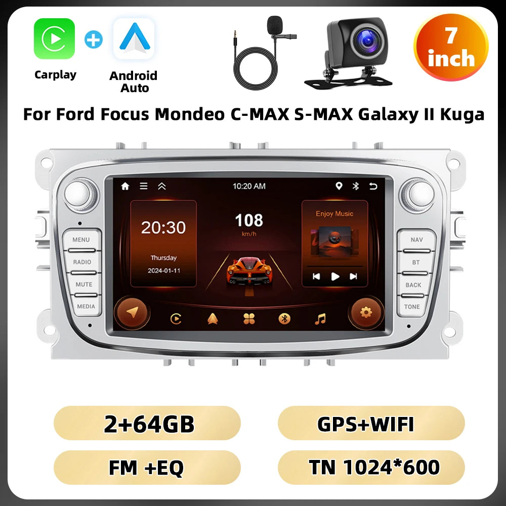 Podofo 7 ''Android Multimedia Player for Ford Focus Mondeo C-MAX S-MAX Galaxy II Kuga GPS Navigation 2 + 64G Carplay Android Auto
